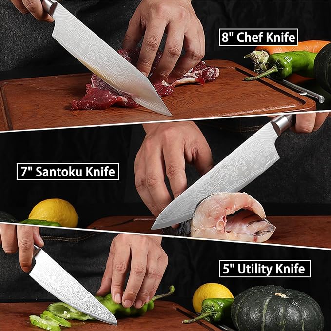 3PCS Chef Knife Set, Japanese Knife Set, Sharp High Carbon Stainless Steel Forged Blade Professional Kitchen Knives Set with Ergonomic Handle,Damascus Knives Set for kitchen with Gift Box