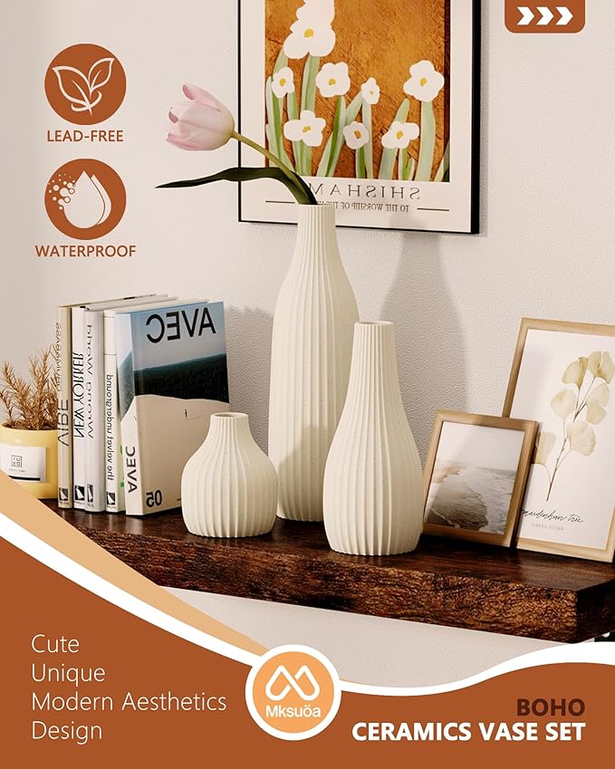 Decorative Flower Vase Set of 3 - Modern Boho Style Beige Vases, Ribbed Textures Ceramic Vase for Home Decor Shelf Bookshelf Mantle TV Stand Entryway Console, Dining Table Centerpiece Decor