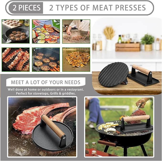 Smash Burger Press Kit 56 Pcs,grill press,7.9 Inch Cast iron hamburger smasher tool,Wood Handle Grill Press with and Griddle Accessories,Barbecues and Tailgates