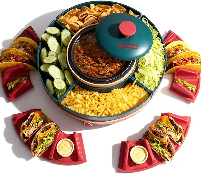 Lazy Susan Taco Bar & Condiment Containers with Lids, 4 Taco Holders for Taco Tuesday Kit, Fondue Pot for Taco Bell Sauce, Burritos, Nachos, and Fajitas, Red