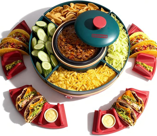 Lazy Susan Taco Bar & Condiment Containers with Lids, 4 Taco Holders for Taco Tuesday Kit, Fondue Pot for Taco Bell Sauce, Burritos, Nachos, and Fajitas, Red