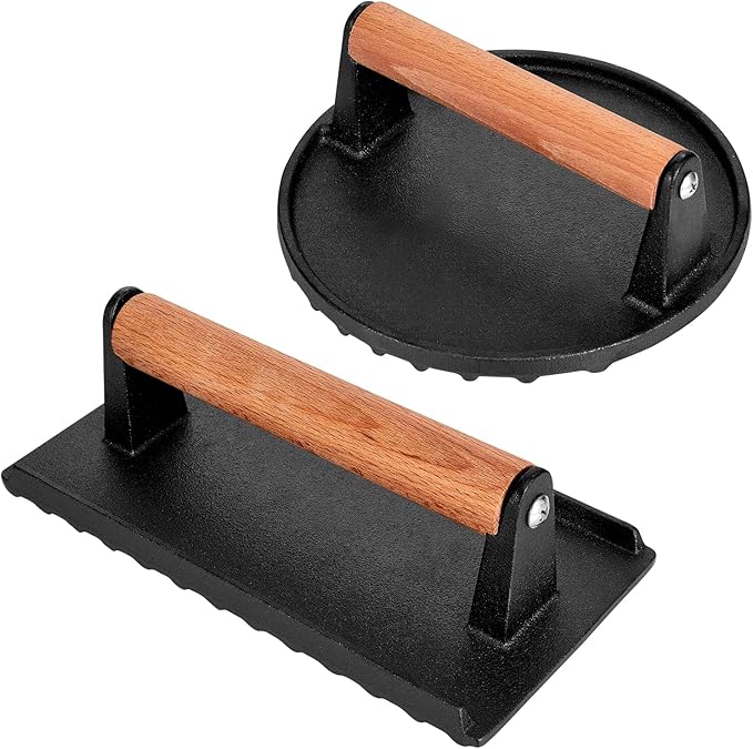 Burger Press 7” Round Cast Iron Smash Bacon Press & 8”X4” Rectangle Cast Iron Grill Press with Wooden Handle for Blackstone Griddle, Ideal for Panini, Steak & Sandwiches, Nonstick Pan