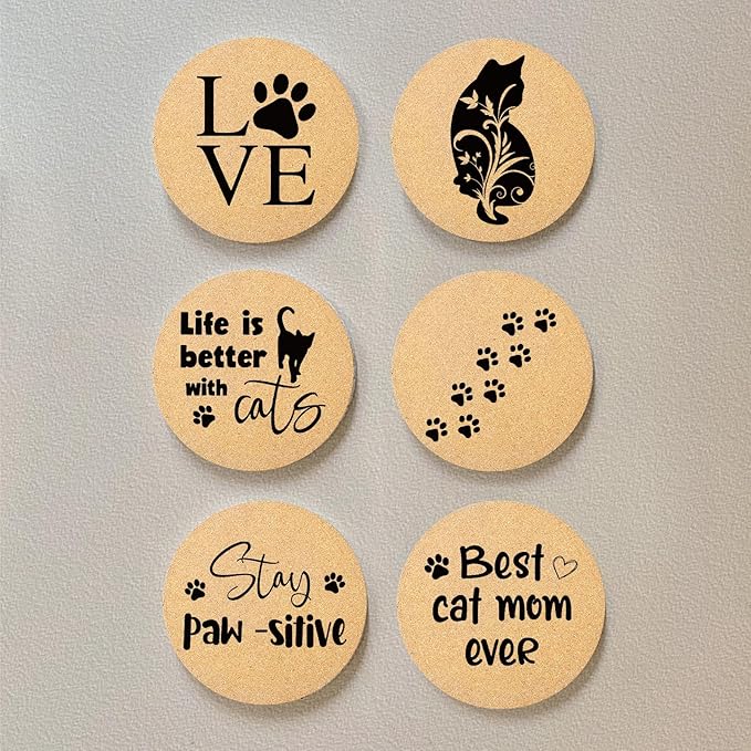 Coasters for Drinks with Holder Set of 6, Cat Paw Coaster for New Home Couples House Warming Gifts Absorbent Cork Wood for Cup Desk Coffee Table Office Kitchen Decor, Round 4"