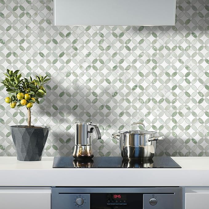 SUNWINGS 10-Sheet Peel and Stick Backsplash Coin Waterjet Tile, 11.2" x 11.2" Green Marble Looks Self Adhesive Wall Tile Stick on Backsplash for Kitchen, Bathroom, Fireplace, Shower