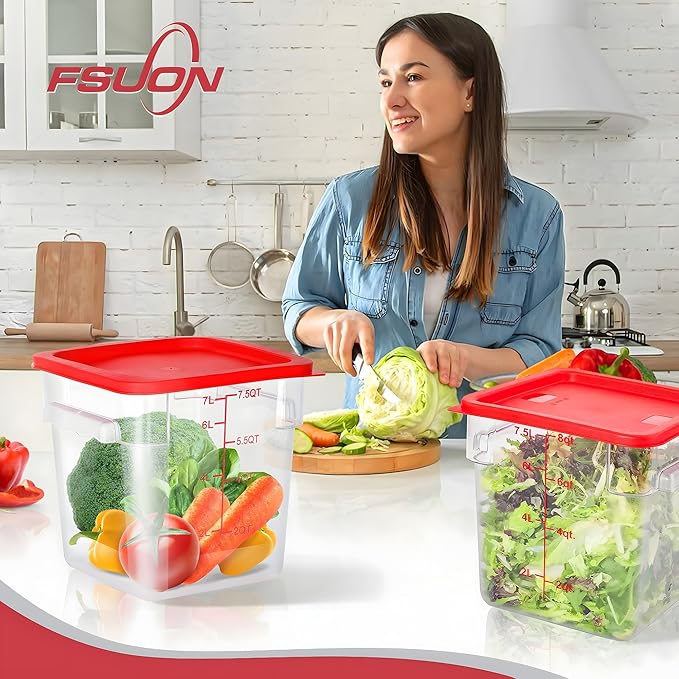 FSUON 4 Pack Clear Food Storage Containers with Lids and Handles Polycarbonate Square Commercial Food Containers, NSF (8Qt)