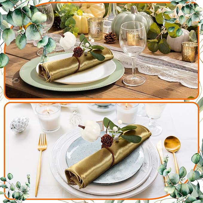 Set of 6 Thanksgiving Napkin Rings White Pumpkin Artificial Eucalyptus Ring Holder Thanksgiving Fall Pumpkin Napkin Holder for Wedding Gathering Dinner Table Decoration