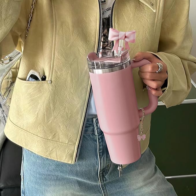Compatible with Stanley Cup Accessories - 3Pcs 10mm Bow Straw Topper Compatible with Stanley Cup Straw Cover Cap, 2pcs Pink White Bow Charms for 30&40 Oz Tumbler with Handle