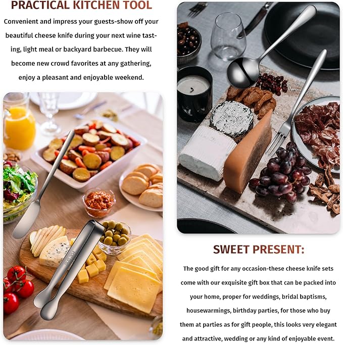 Patelai Charcuterie Boards Accessories Charcuterie Utensils Set Cheese Butter Spreader Knives Stainless Steel Mini Serving Tongs Spoons Forks and Toothpick Flags for Appetizers Pastry(Black)