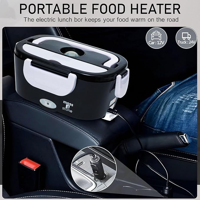 Moss & Stone Electric Lunch Box Food Heater for Adults Black & White Food Warmer Lunch Box, 12/24/110v Lunch Box Warmer Portable For Work/Car/Truck, Fork & Spoon & 1.5L Removable S.S Container