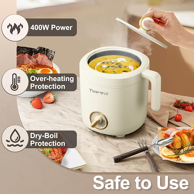 TOPWIT Hot Pot Electric Pot for Cooking, Ramen Cooker 1.2L, Non-Stick Portable Noodles Cooker for Pasta, Soup, Steak, Oatmeal, College Dorm Room Essentials, Shabu Shabu Pot with Power Adjustment,Beige