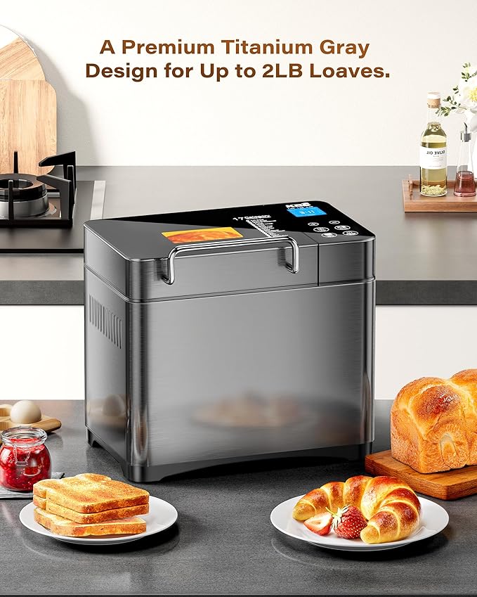 KBS Premium Convection Bread Maker Dual Heater, 17-in-1 Stainless Steel Bread Machine Ceramic Pan, Nut Dispenser,Touch Panel,2lb Loaf 3 Sizes 3 Crust Colors,Gluten-Free,Sourdough,Jam,Yogurt,53 Recipes