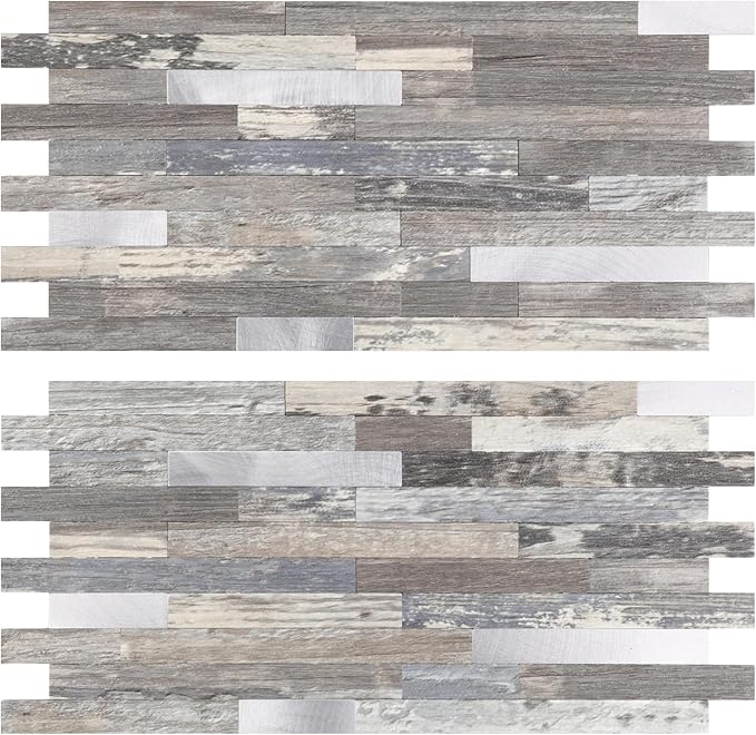 Yipscazo 2 Sheets Peel and Stick Stone Metal Backsplash, PVC Wall Tiles Stick on Tiles for Backsplash Kitchen, Bathroom, Fireplace (6'' X 12'', Light Wood)