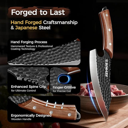 Kitchen Knives, Hand Forged Japanese Knife Set 3Pcs, High Carbon Butcher Knife & Santoku Knife & Boning Knife & Honing Rod for Home Kitchen, BBQ, Outdoor Cooking