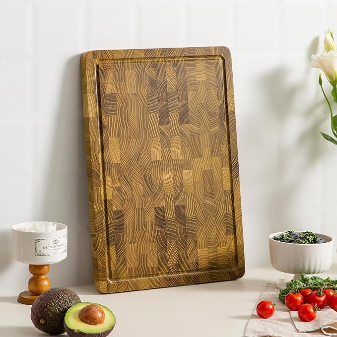 THETCHRY Teak Wood Cutting Boards for Kitchen, End Grain Cutting Board with Juice Groove Handles Non-slip Feet, Reversible Wooden Chopping Board Serving Tray for Cheese and Vegetables, 16.5" x 11.6"