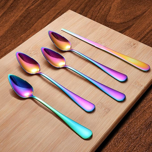 Grapefruit Spoons & Knife Set, Stainless Steel Utensils With Serrated Edge & Thick Gauge Handle, Rainbow Kitchen Tool, Non-stick Plating for Kiwi, Dessert, Apple (5 PCS)