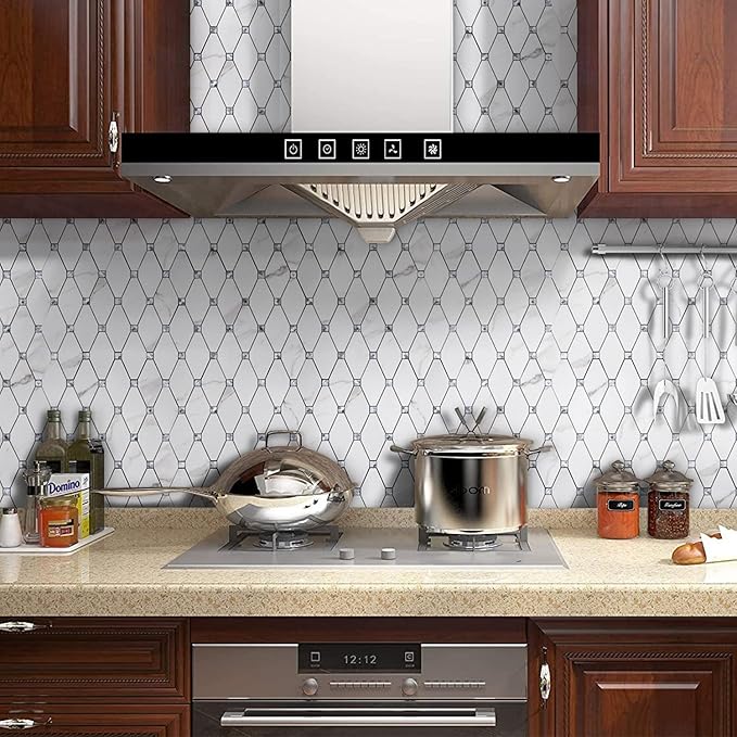 STICKGOO 10 Sheets Peel and Stick Backsplash, Calacatta Stick on Aluminum Composite Tiles Stikers, Self Adhesive Mixed Glass Backsplash for Kitchen, Bathroom, Fireplace, RV