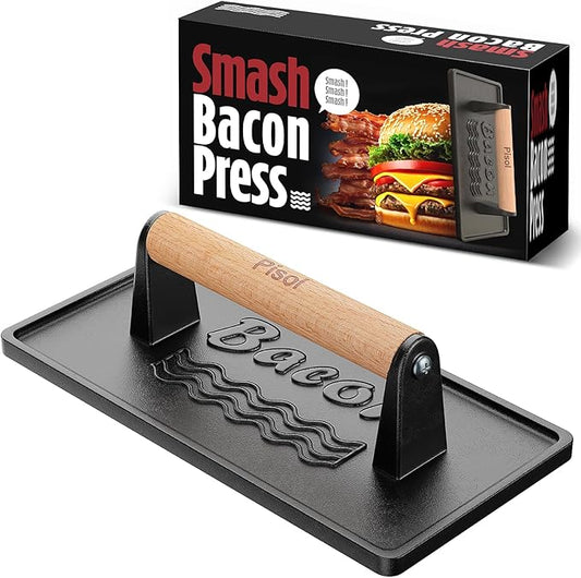 Pisol Bacon Press Smash Burger Press, Pre-Seasoned Cast Iron Hamburger, 2 lb Heavy-Duty Grill Bacon Meat Press Tool with Wood Handle