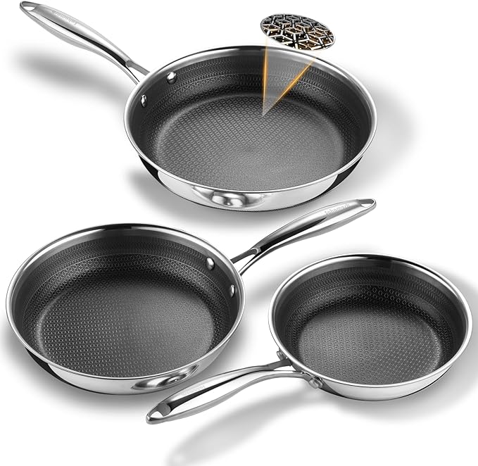 SAKAMOSH Non Stick Frying Pans Set, 8" 9.5" 11" Stainless Steel Pan Set, Ceramic Skillet with Stay-Cool Handle, Non Toxic, PFAS PFOA PTFE Free, Dishwasher Safe, Induction, Suitable with All Cooktops