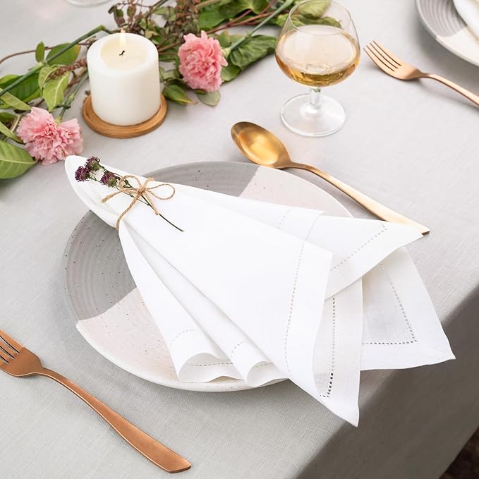 D'Moksha Homes White Linen Napkins Set of 8 - Classic Hemstitch 100% Pure Linen Hemstitch Dinner Napkins 20 x 20 Inch for Valentines, Spring, Easter - Handcrafted and Machine Washable