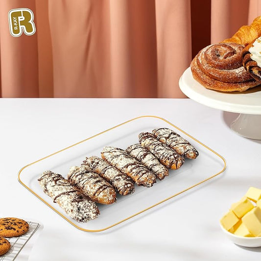 3 Pack Plastic Serving Trays for Party - Gold Serving Tray 8 x 11 Inch - Heavy Duty Dessert Trays for Food - Rectangular Party Serving Trays for Entertaining - Clear Cookie Platters