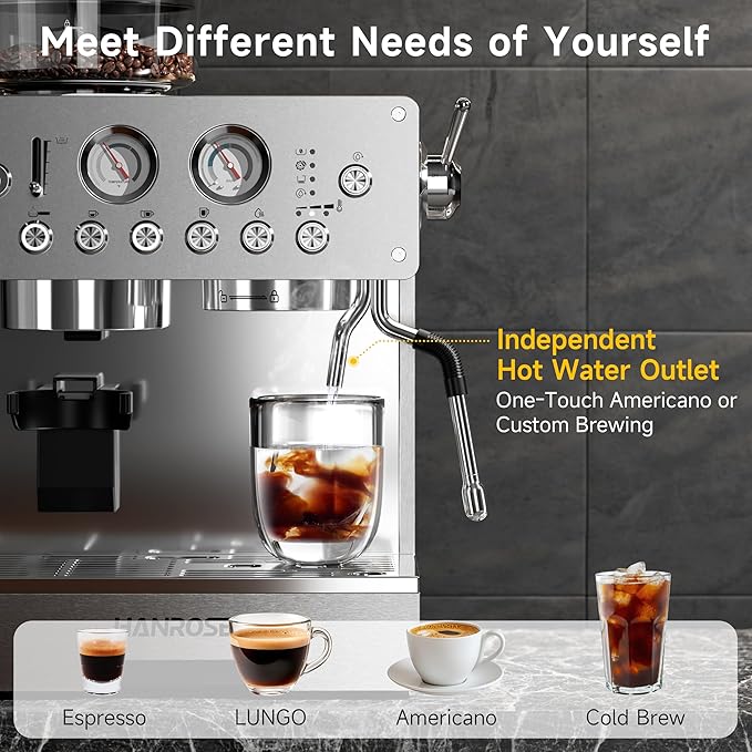 HANROSE Espresso Machine with Grinder, 20Bar Espresso Machine Stainless Steel, Coffee Machine with Milk Frother for Latte/Cappuccino, Adjustable Temperature, Independent Hot Water & Americano Function
