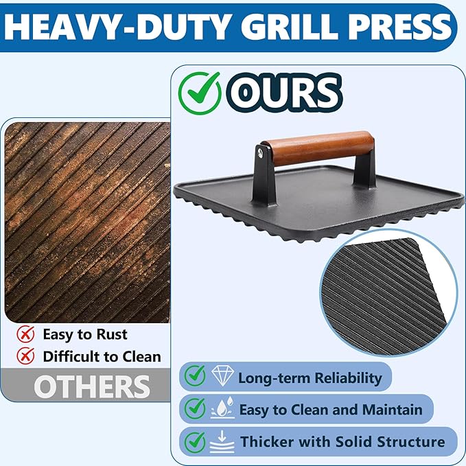 SafBbcue 10" Square Bacon Press & Rectangle Meat Press, Heavy Duty Cast Iron Griddle Press Smash Burger Press Compatible with Blackstone Flat Top Griddle Grills, Hamburger Smasher Tool Patty Maker