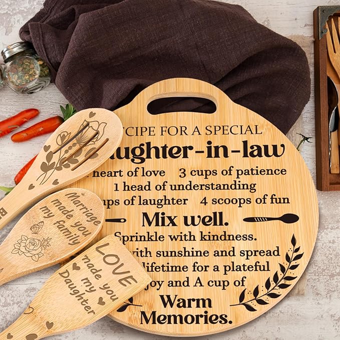 Daughter in Law Gifts - Engraved Bamboo Cutting Board Set, Unique Daughter in Law Birthday Gifts from Mother in Law, Mothers Day Christmas Birthday Gifts for Daughter in Law