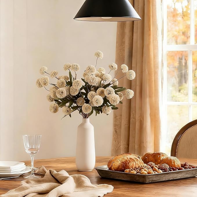 Beige Fake Flowers Long Stem 10PCS, Artificial Flowers Silk Mini Chrysanthemums for Vase, Fake Pompon Mums Vintage Dried Faux Decorative for Home Centerpieces Farmhouse