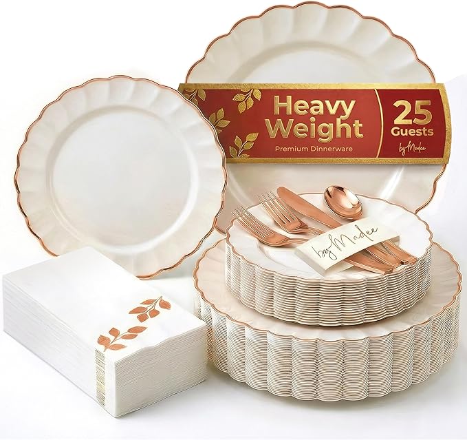 By Madee HEAVYWEIGHT Fancy Disposable Dinnerware Set – 175-Piece Ivory and Scalloped Rose Gold DisposablePlates, Cutlery & Linen-Feel Napkins, Elegant Nice for Weddings & Party (25 Guests)