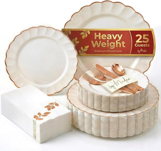By Madee HEAVYWEIGHT Fancy Disposable Dinnerware Set – 175-Piece Ivory and Scalloped Rose Gold DisposablePlates, Cutlery & Linen-Feel Napkins, Elegant Nice for Weddings & Party (25 Guests)