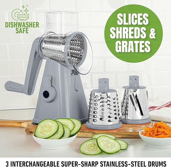 EMSON Rotary Cheese Grater Hand Crank, Stainless Steel Rotary Graters for Kitchen with 3 Blades, Vegetable Slicer, Cheese Shredder with Suction Cup Base, Dishwasher Safe - Gray