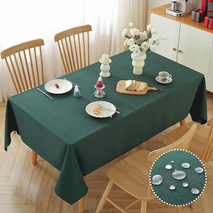 Alsoo Table Cloth for Rectangle Tables 60X75 Inch Linen Tablecloth Waterproof Spill Proof and Wrinkle Free Machine Washable Table Cover for Dining Tables, Kitchen, Parties and Christmas, Dark Green