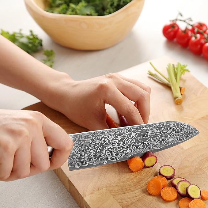 zayiko Kinone Santoku Knife – 6.7-Inch Damascus Kitchen Knife | 67 Layers Damascus Steel with VG10 Core | Ergonomic Birch Root Wood Handle | Professional Chef Knife in Gift Box