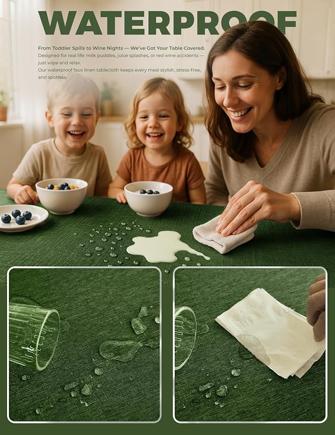 Waterproof Reusable Small Table Cloths for Dining Table, Outdoor Washable Cloth Tablecloths for Rectangle Tables for Holiday, Wedding, Dining(Oblong, 52 X 70 Inch (4-6 Seats), Dark Green)