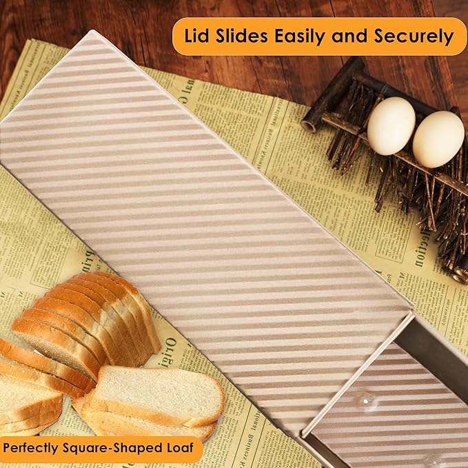 Spmarkt 2-pack 2.2lb Gold Pullman Loaf Pan with Lid, Premium Non-Stick Coating Bread Pan, PFTE and PFOA-Free, Safe and Healthy Baking for Homemade Bread with Family-sized Recipes