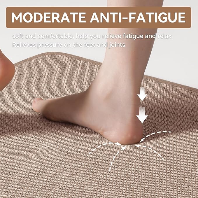 Kitchen Rugs Mat Non Slip Washable, Linen-Look 0.3" Thick Soft Cushioned Absorbent Kitchen Mats for Floor, Mild Anti-Fatigue Runner Rug Sink Mat Laundry Standing Mats, Easy Clean, Brown 17"x47"