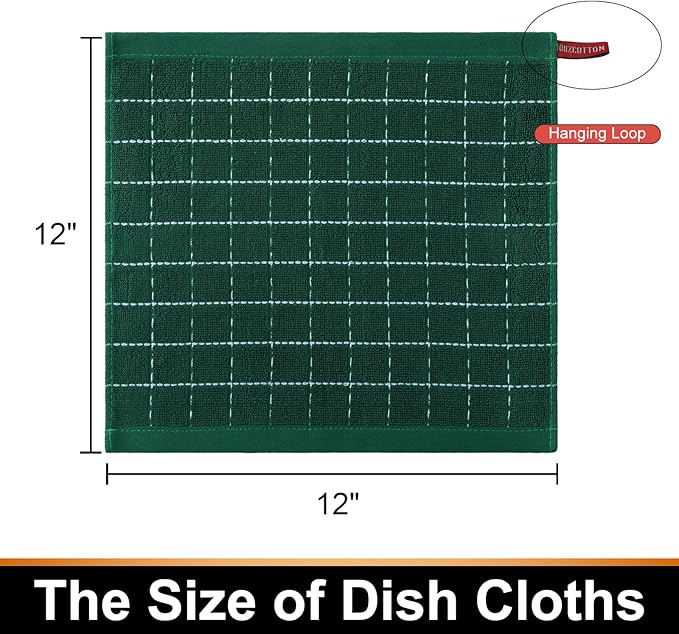 Mordimy 100% Cotton Terry Cloth Dish Cloths, Soft and Absorbent Checkered Dish Towels, Quick Drying Dish Rags for Washing Dishes, 6 Pack, 12 x 12 Inches, Dark Green