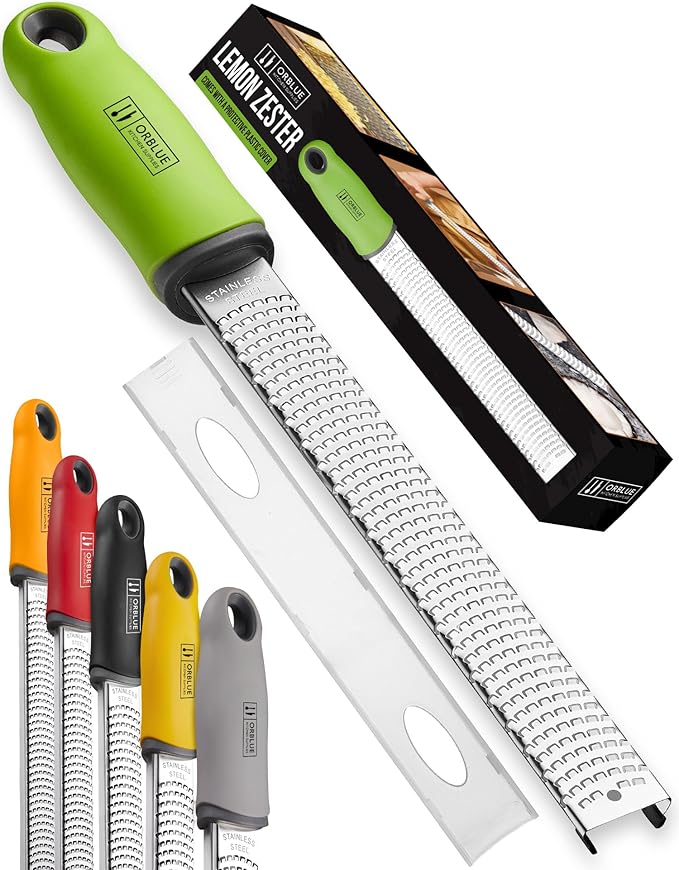 Orblue Lemon Zester & Cheese Grater - Premium Citrus Zester, Kitchen Grater for Parmesan, Chocolate, Fruits, Vegetables, Ginger, Garlic, Nutmeg - Stainless Steel Blades with Protective Cover, Green