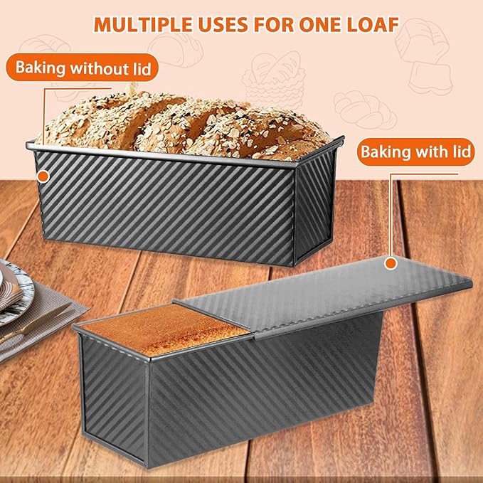 AVSQUINE Non-Stick Pullman Loaf Pan with Lid 13x4 Inch - 2.2lb Carbon Steel Bread Baking Pan with 4 Vent Holes, Heavy Duty Sourdough Loaf Pan with Cover for Homemade Sandwich Bread (Black)