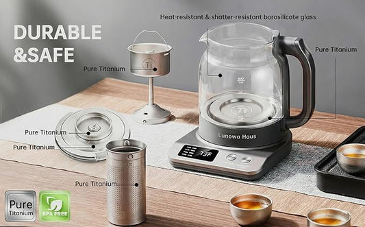Titanium & Glass Electric Tea Kettle & Tea Maker, Pro Steam Extraction, 11 Temp & 10 Strength Levels, 12H Auto Warm, 1.2L 600W 120V,BPA-Free, 2Infusers