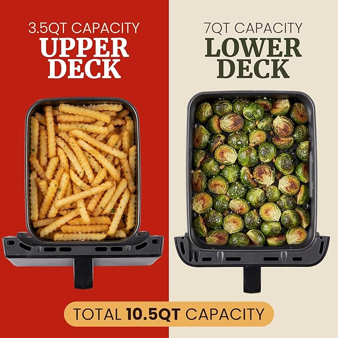 Elite Gourmet Dual Stacked Air Fryer, 10.5 Qt Capacity, PFAS Free Nonstick, 10 Presets, SYNC Cook & SYNC Finish, Adjustable Time & Temp, 1700-Watts, 34 Delicious Recipes, Black