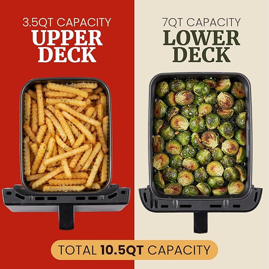 Elite Gourmet Dual Stacked Air Fryer, 10.5 Qt Capacity, PFAS Free Nonstick, 10 Presets, SYNC Cook & SYNC Finish, Adjustable Time & Temp, 1700-Watts, 34 Delicious Recipes, Black