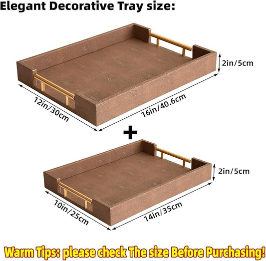 Set of 2 Decorative Tray Brown Shagreen Leather Tray, Modern Rectangle Serving Trays with Gold Polished Metal Handles, Ottoman Coffee Table Perfume Kitchen Trays Home Decor