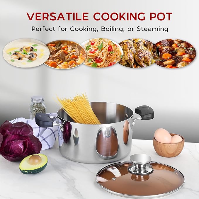 6 Quart Stainless Steel Stock Cooking Pot, Onader Tri-Ply Soup Induction Pot Stockpot with Lid & Anti-Scald Handles