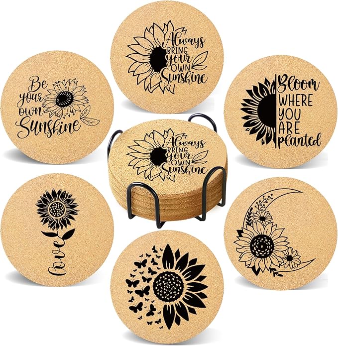 Coasters for Drinks with Holder Set of 6, Sunflower Absorbent Cork Wood Coaster for House Warming Gifts New Home Couples for Cup Desk Table Office Kitchen Decor, Round 4"