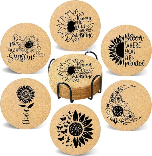 Coasters for Drinks with Holder Set of 6, Sunflower Absorbent Cork Wood Coaster for House Warming Gifts New Home Couples for Cup Desk Table Office Kitchen Decor, Round 4"