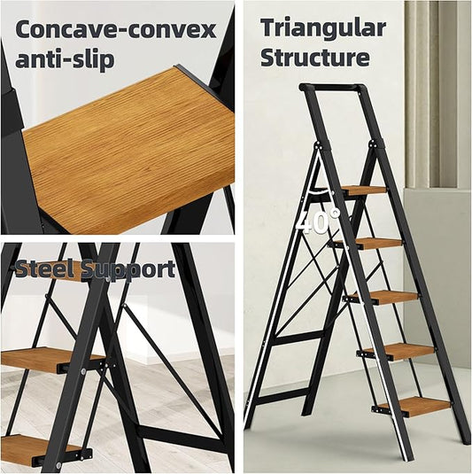 HillhutApex 5 Step Foldable Aluminum Step Ladder with Handgrip, Anti-Slip Pedal, 330 lbs Capacity, Lightweight & Portable for Home, Kitchen, Office, Garage (Black Woodgrain)