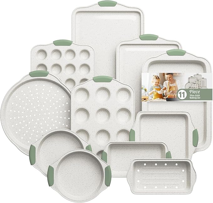 Slow Slog 11-Piece Non-Toxic Baking Set, Stackable Nonstick Cookware with Heat-Resistant Handles - Includes Cookie Tray, Round Cake Pan, Muffin Cups, Pizza Pan & Loaf Baker, White&Light Green