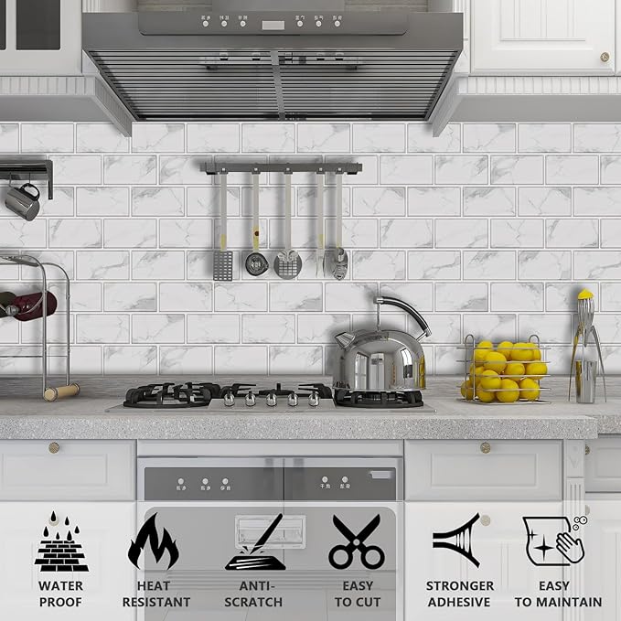 URCOLOR 10-Sheet Backsplash Tile for Kitchen Peel and Stick,12"x12" Self Adhesive Wall Tiles on Back Splashes for Bathroom White Marble Look