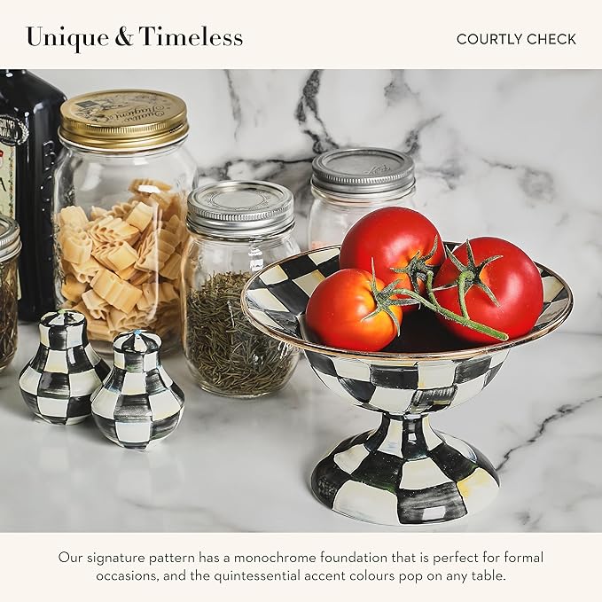 MACKENZIE-CHILDS Enamel Salt and Pepper Shakers, Kitchen Table Spice Shaker Set, Black-and-White Courtly Check, Small